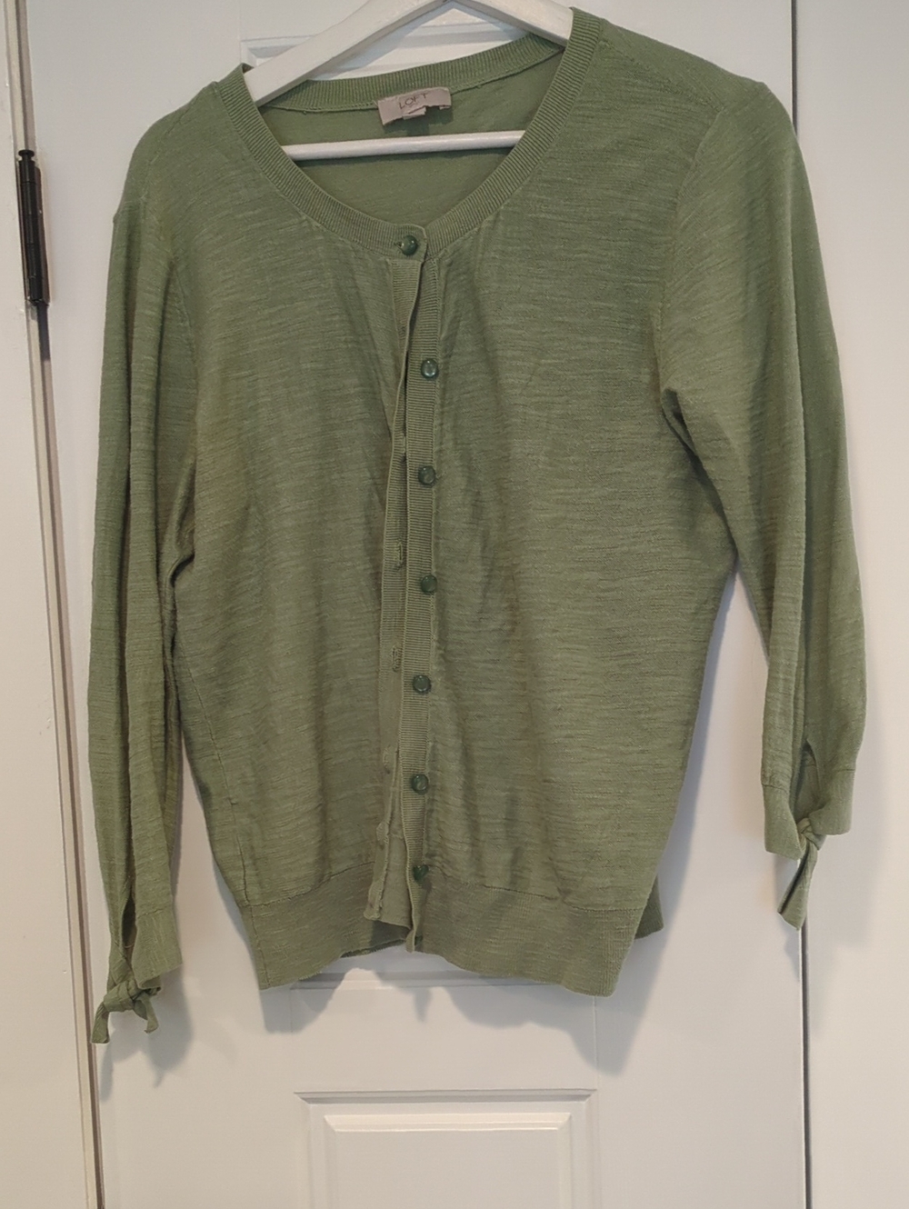 LOFT Olive Green Button-Front Cardigan with Cuff Ties